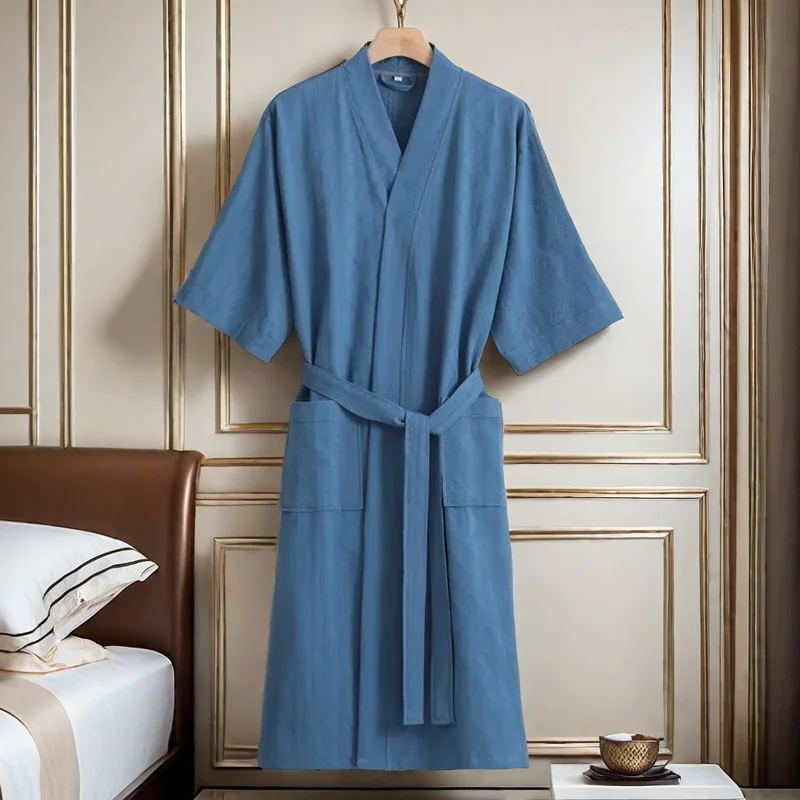 Waffle Transparent Bathrobe for Men and Women, Thin Shower Plaid Dressing Gown, Knee Length, Breathable Nightgown, Home Cloth,