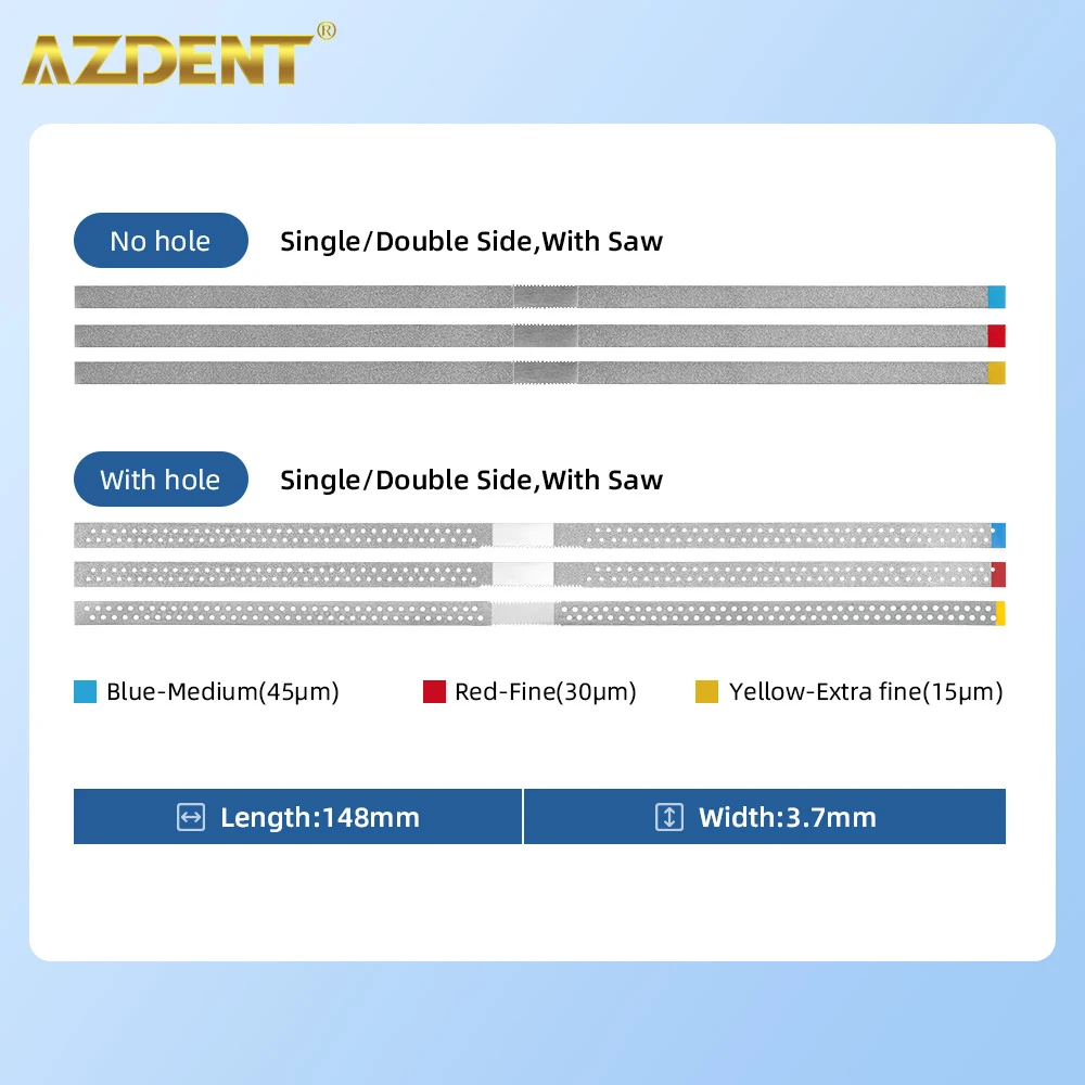 AZDENT-Tiras De Polimento De Diamante Dental De Aço Inoxidável, Tira Ortodôntica Do IPR, Fino, Médio, Único, Duplo Lado, Polonês Composto, 5 Pcs