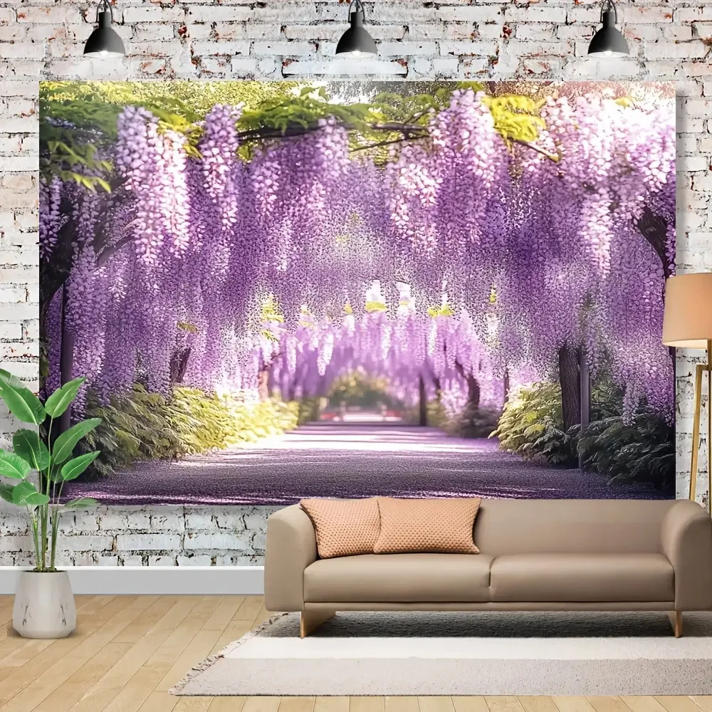 Large Wisteria Floral Tapestry Wall Hanging Romantic Garden Decor Spring Flower Art Canvas Backdrop Poster Print Purple Blossom
