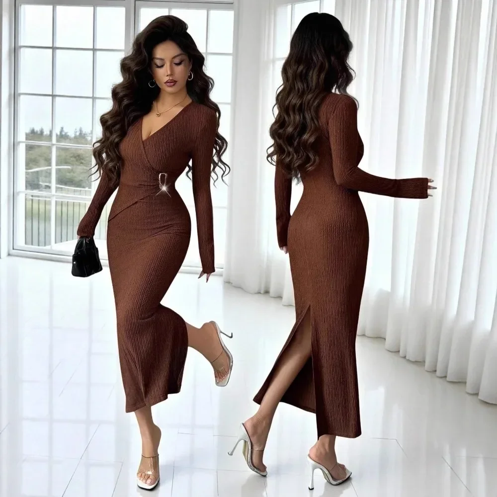 Women Elegant Textured Knit Midi Dress 2026 Winter, Surplice Neck Solid Color Slim Long Sleeve Dress For Office Work Casual