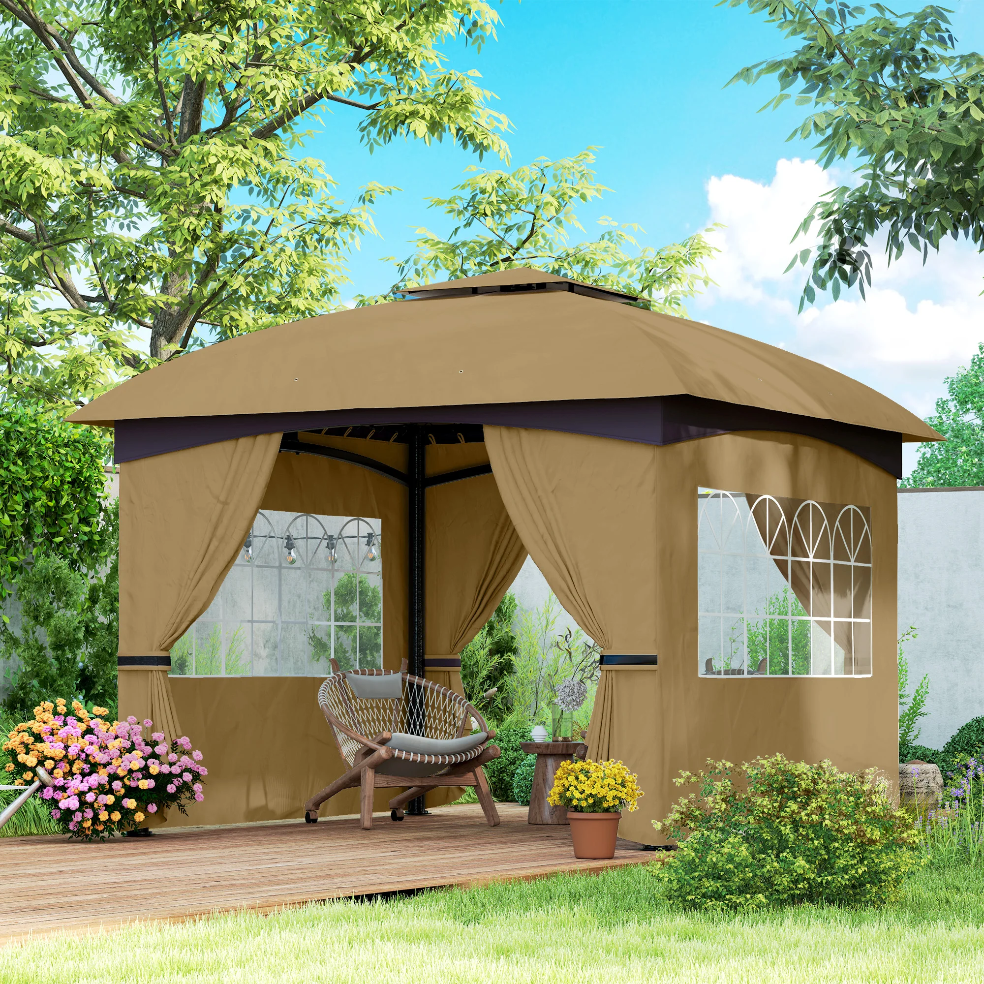 Gazebo extérieur imperméable beige 3,4 m x 3,4 m avec 4 panneaux latéraux, double toit, protection UV20+, structure en acier galvanisé thermolaqué résistant à la rouille, tente de réception avec ventilation pour jardin, terrasse, patio
