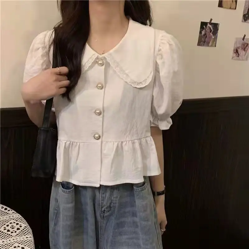 Summer New Short Solid Button Pleated Blouse Short Sleeve White All-match Youth Sweet Shirt Tops Fashion Korean Women Clothing