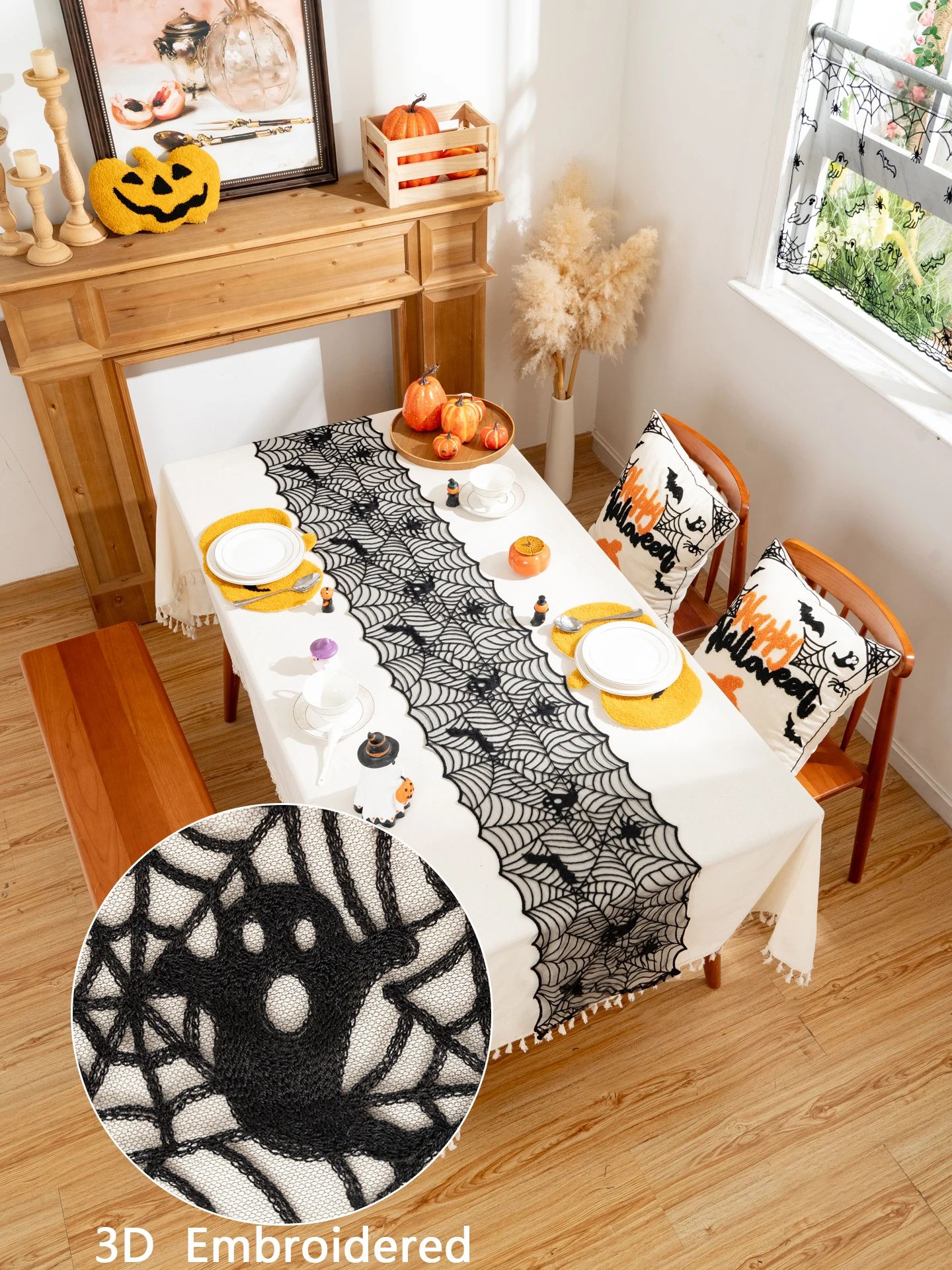 1 Piece 3D Embroidered Halloween Table Flag Transparent Silk Multi-Sizes Fine Spider Web Design 11.8 Inch Wide Perfect for Party