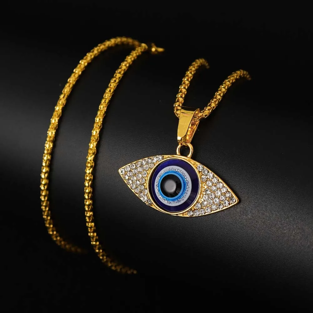 Sparkling Blue Evil Eyes Necklace for Women Golden Titanium Steel Turkish Eyes Pendant Necklace Lucky Jewelry Gift Wholesale