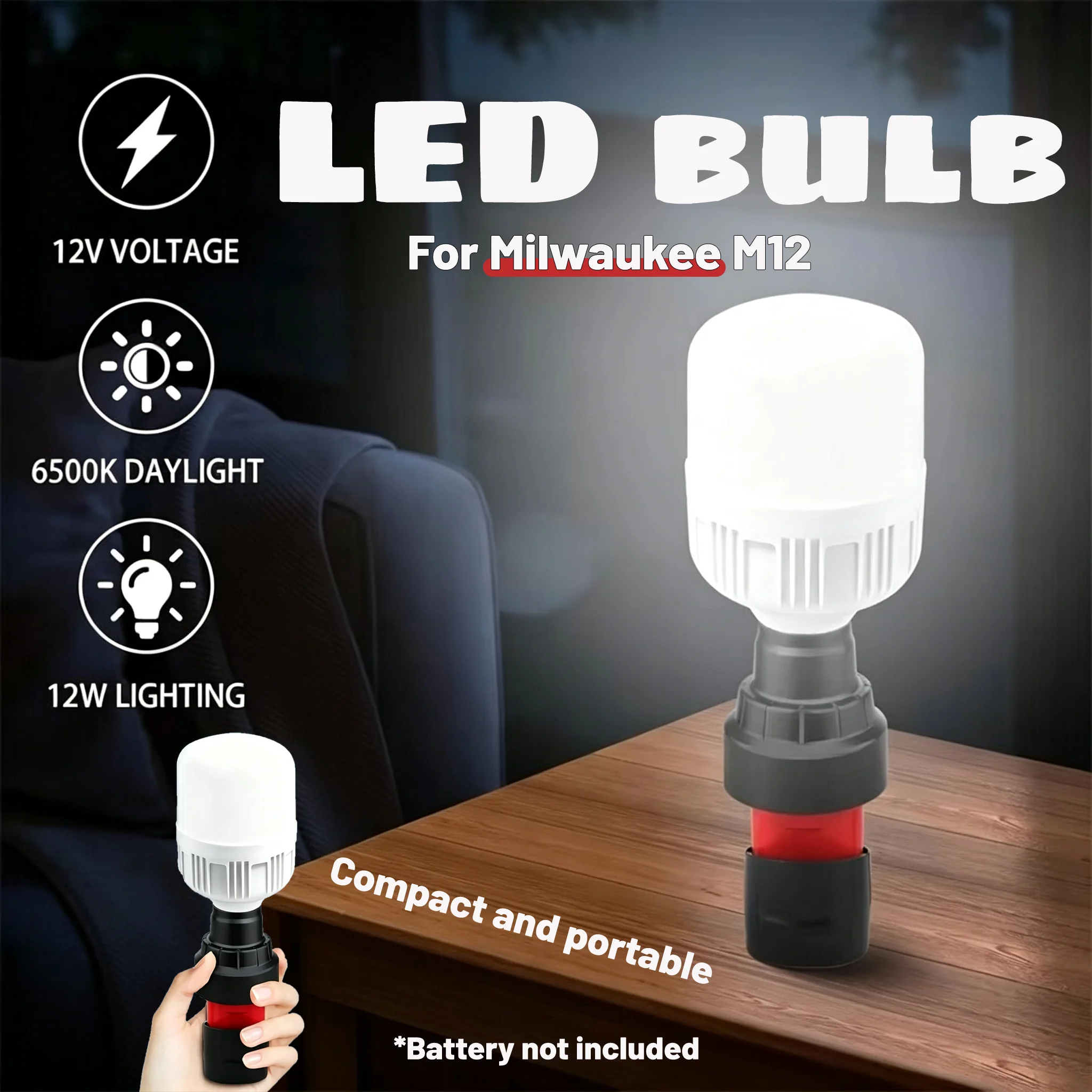 12W Work Light E27 LED Bulb For Milwaukee M12 12V Li-ion Battery, 1300LM Emergency Camping Portable Flashlight