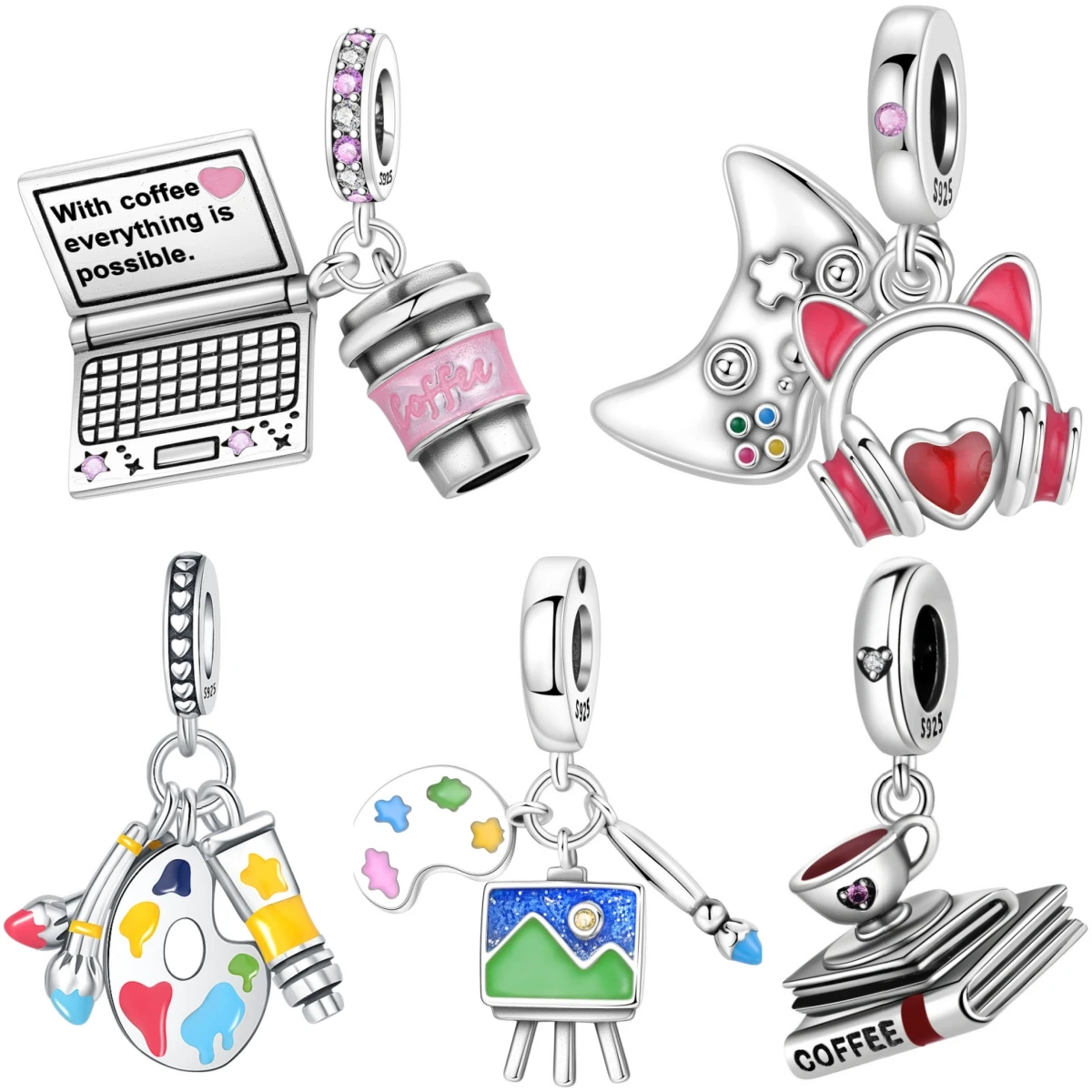 Orstarry 925 Sterling Silver Pink Coffee Notebook Beads Original Pendants Bracelet Charm Jewelry Party DIY Trendy Gifts