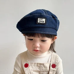 Denim Baby Hat Solid Color Girls Warm Beret Vintage Knitted Beret Hat Kids Fashion Child Artist Painter Bonnet for Girl Boy 3-8Y