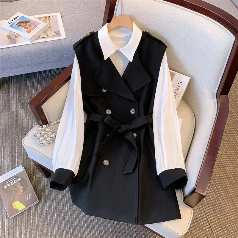 

2025 New Spring Autumn Suit Ladies Workwear Trench Coat Vest Shirt Two-Piece Women Sleeveless Jacket Set Fashion Waistcoat Tops