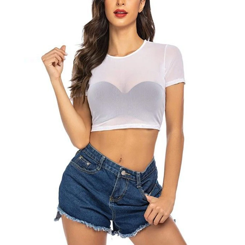 

O-neck Half Length Transparent T Shirt Women High Street Bottoming Blouses Lady Shirts Black White Stretch Mesh Top Girl Clothes