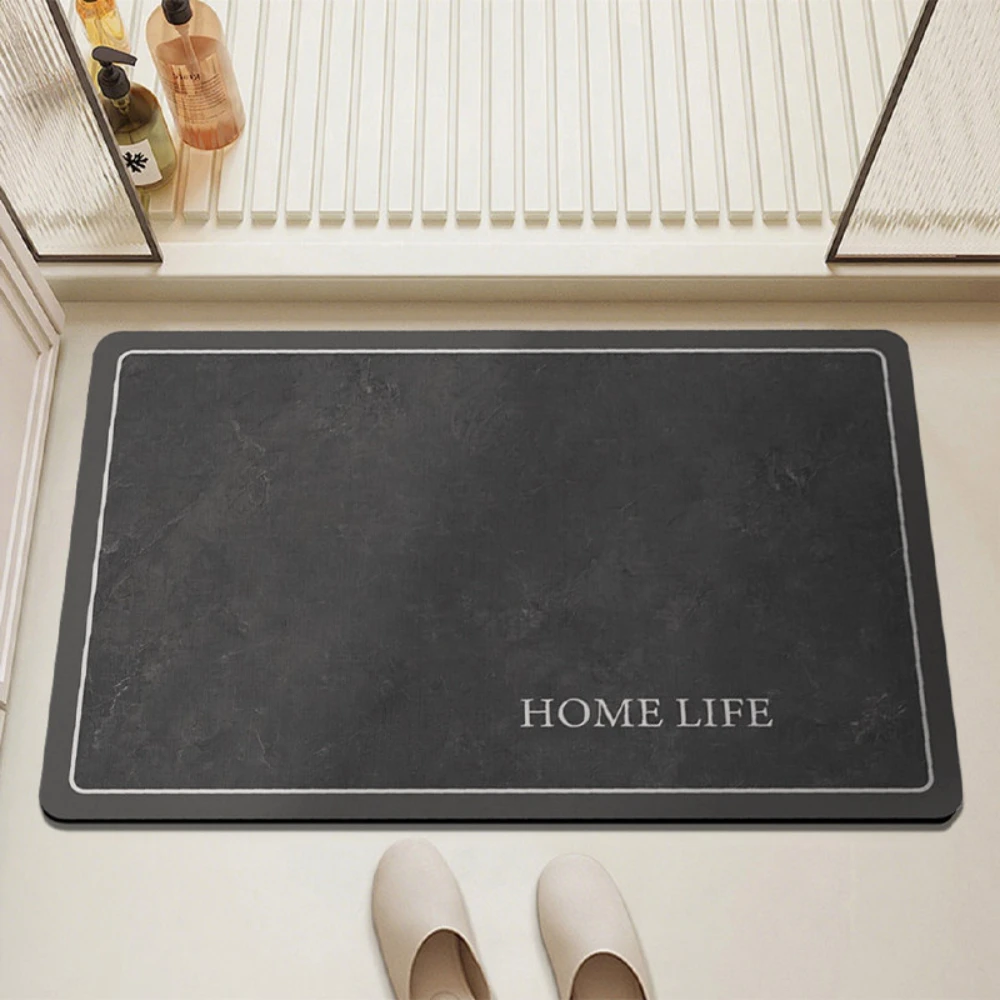Schwarzer Stein-Badezimmerteppich mit Aufdruck 'Home Life', Dünner Weißer Rand, Minimalistisch, Rutschfest, Schnelltrocknend, Saugfähiger Teppich fürs Badezimmer