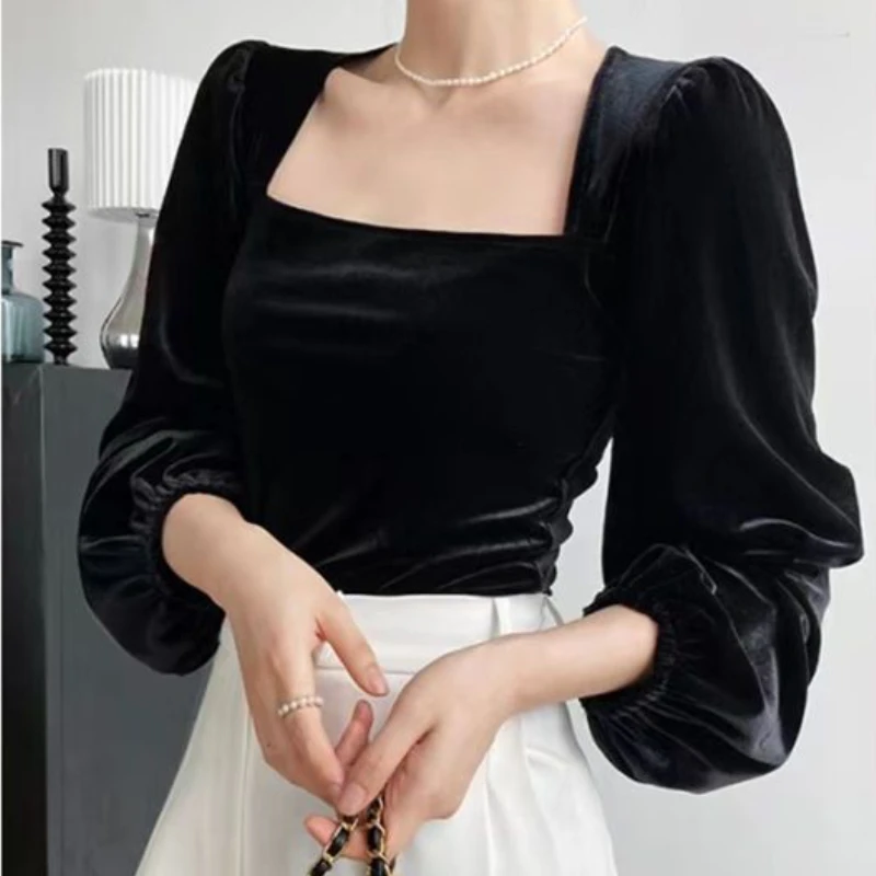 Black Velvet Blouses Women Solid Minimalist Slim Elegant Sexy for Ladies Blusas Ropa Mujer Square Collar Long Sleeve Autumn Tops