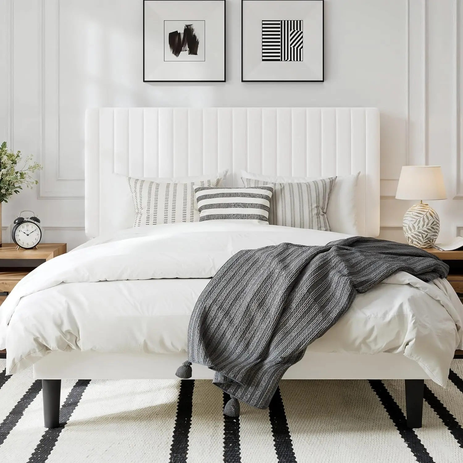 

Queen Velvet Platform Bed Adjustable Headboard Tufted Wood Slat No Box Spring Easy Assembly White Customized