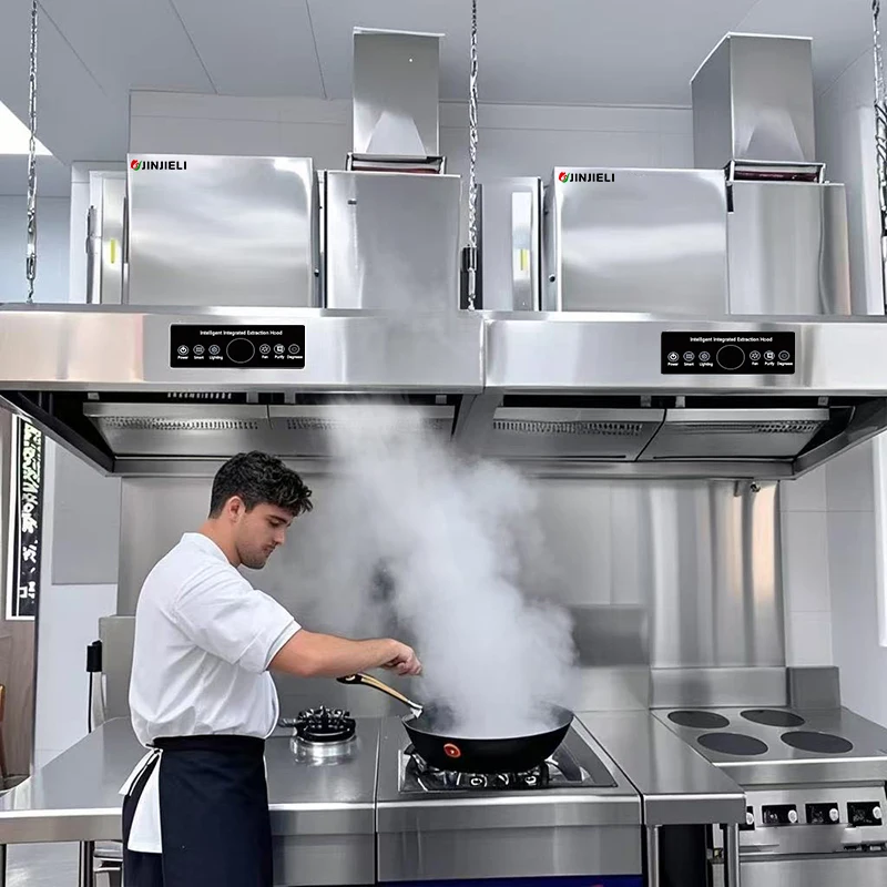 Customized CE Stainless Steel Kitchen Smoke Exhaust Extractor Hotel Commercial Range with Integrated Grease Filter Ventless Hood