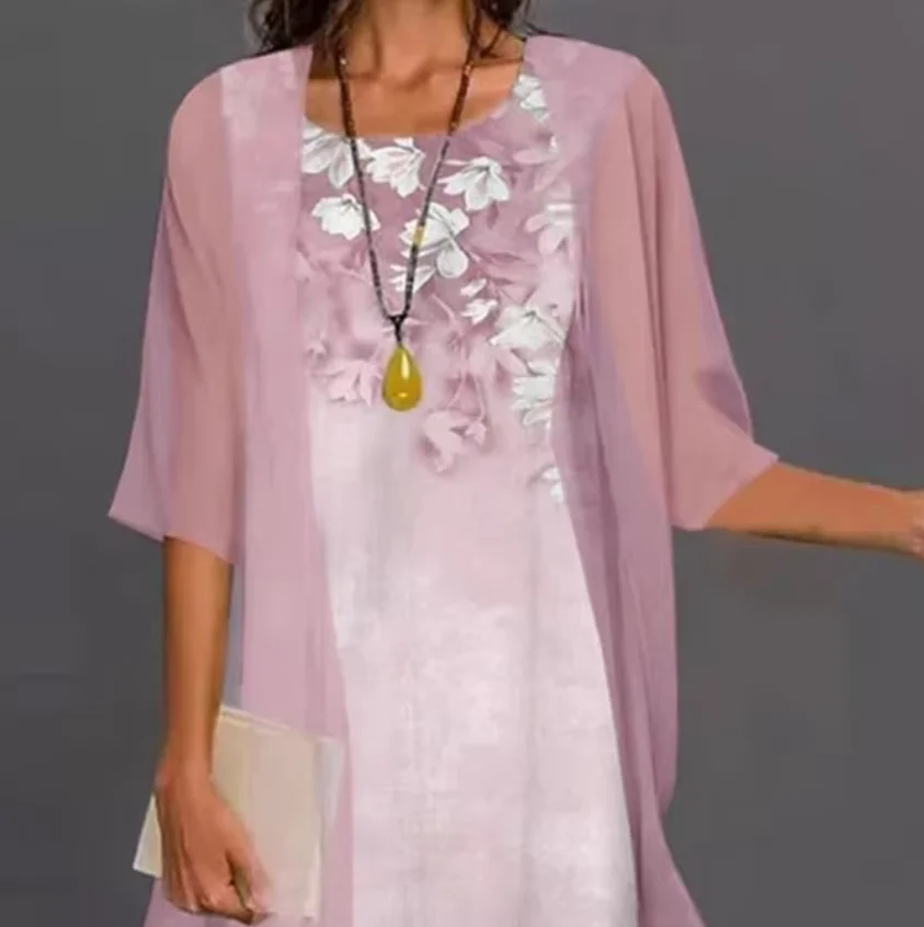 2024 Europe and the United States summer women\'s casual dress two-piece floral print round collar repair maxi