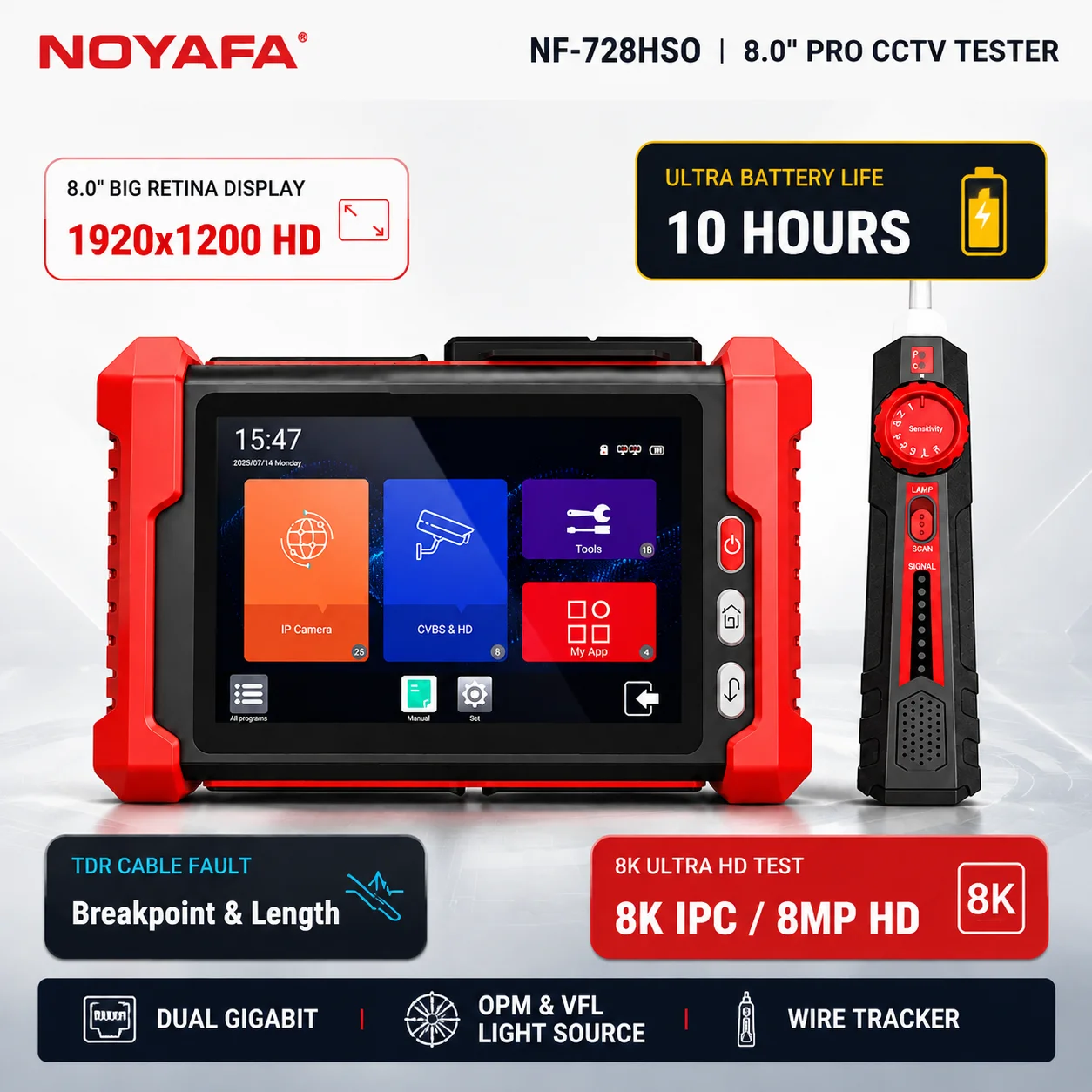 NOYAFA NF-IPC728HSO 8-Zoll IP-Kamera-Tester 8K IPC CCTV-Tester mit 48V PoE-Ausgang ONVIF TDR HDMI VGA Kabeltestgerät
