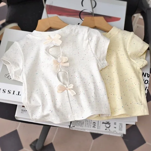 

Girls Summer Short-sleeved T-shirt Baby Foreign Style Children's Personality Trendy Korean Sweet Backless Bow Fashionable Top