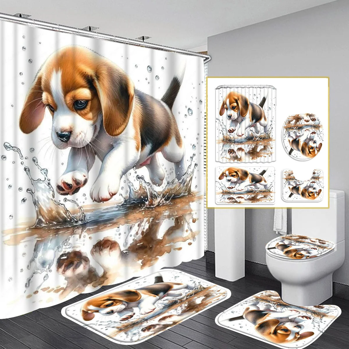 

4pcs Bathroom Set - Polyester Shower Curtain with Adorable Puppy Design, Absorbent Non-Slip Floor Mat & Toilet Lid Mat
