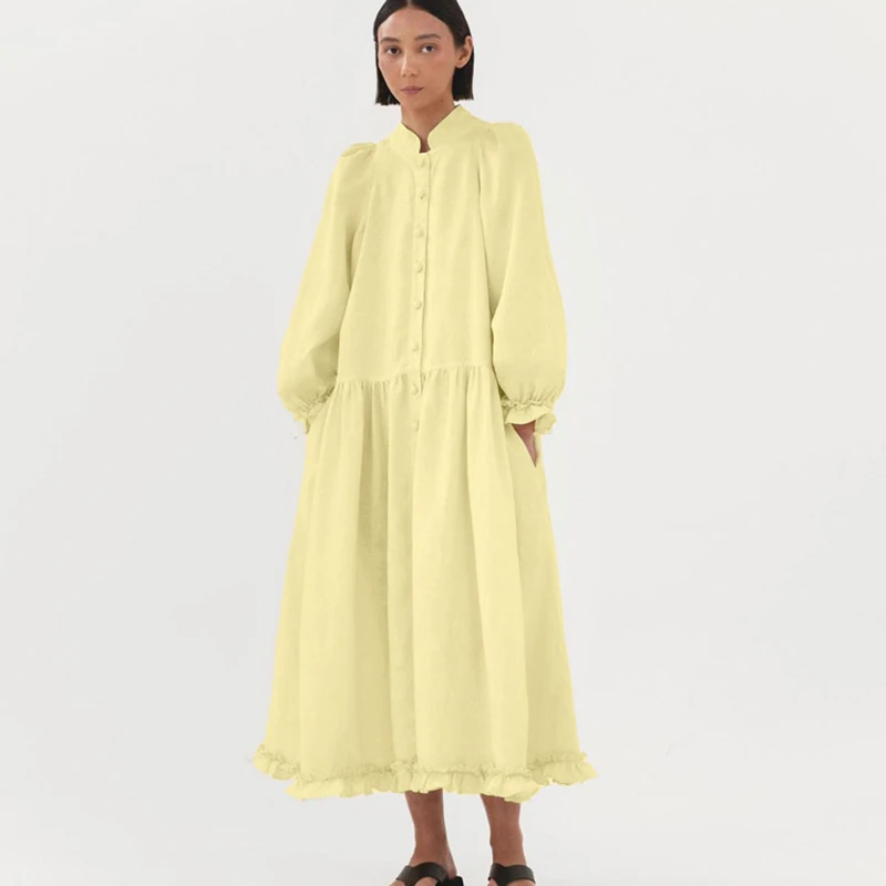 Fashion Cotton Linen Lace Up Dresses Spring Women Long Sleeve Single Breasted Dress Autumn High Waist Casual Knee Length Dress