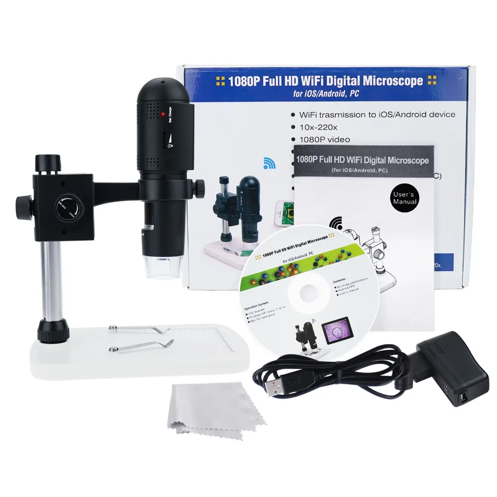 USB Wifi 3 Mega Pixels 10-220x Magnification & Adjustable Focus 1080P Full HD Microscope with 6 LED