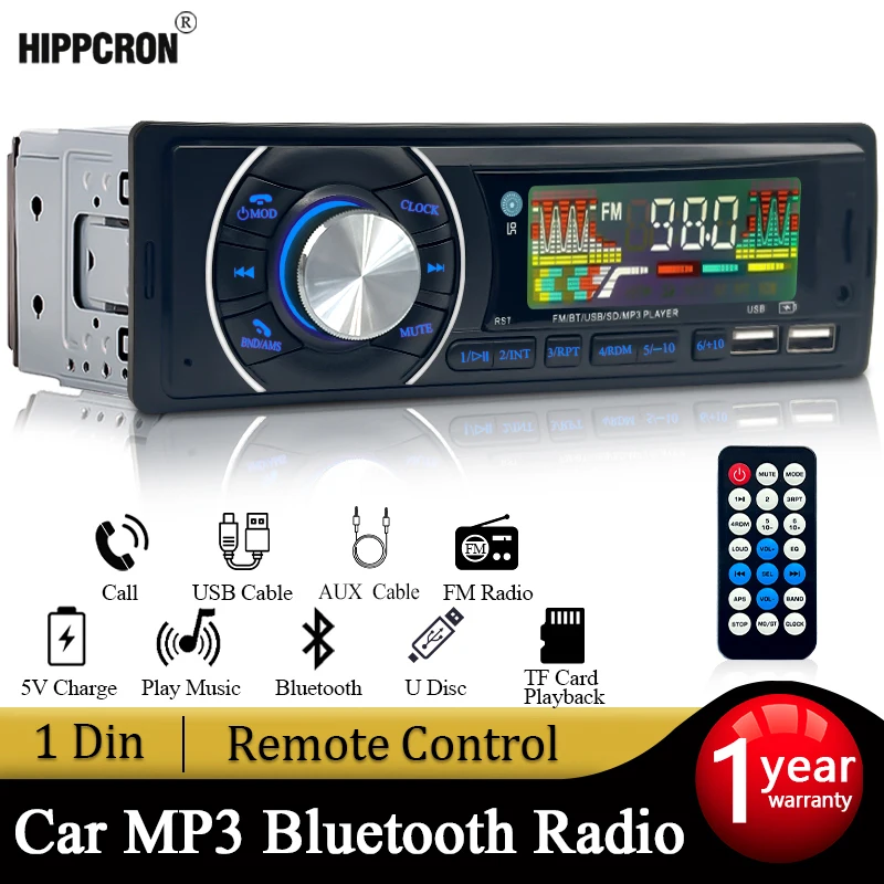 Hippcron Car Radio 1 DIN Stereo Receiver FM Bluetooth MP3 Audio Player Cellphone Handfree Digital USB/TF With In Dash Aux Input