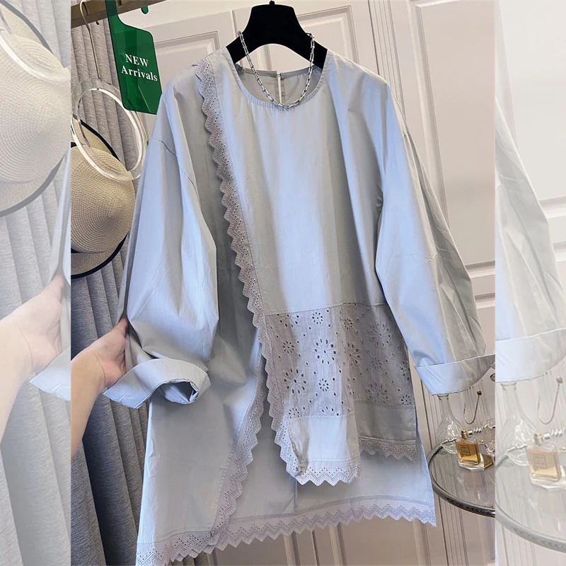 SuperAen Spring 2026 New Korean Style White Embroidery Lace Patchwork Pullover Long Sleeves Tops Sweet Loose Tops