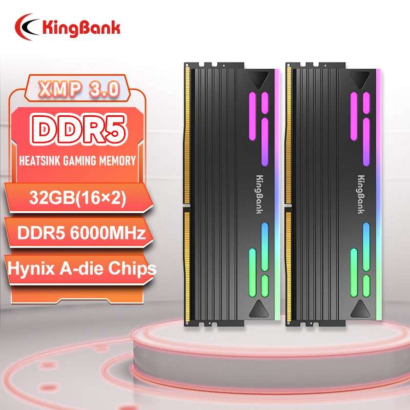 KingBank 32 Go DDR5 16 Go x 2 6000 MHz Kit de mémoire RVB noir Hynix a Die CL26 Module RAM de overclocking pour systèmes haute performance