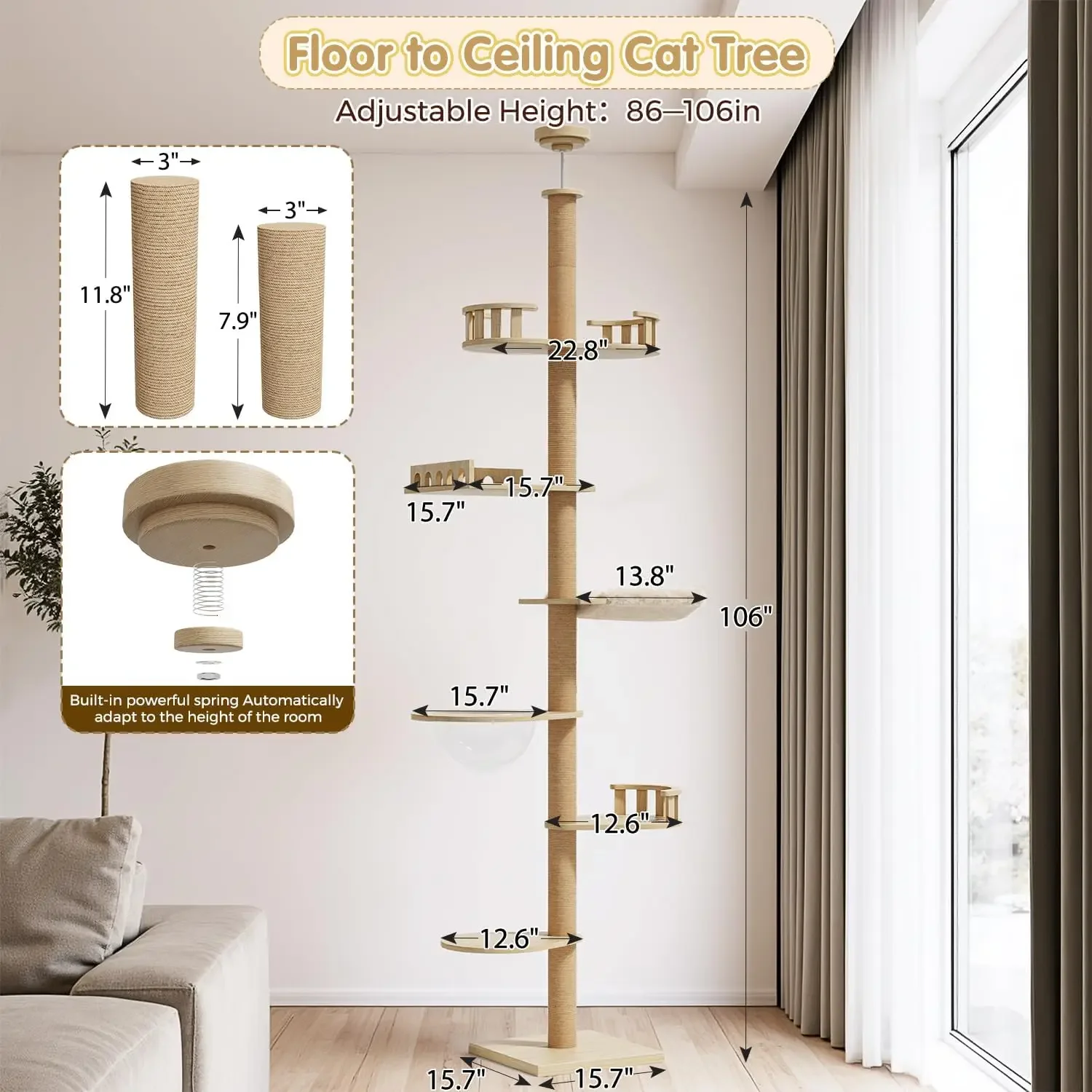 Floor To Ceiling Adjustable Height Cat Tower With Hemp Scratching Post Multi Tier Cat Activity Center Removable Pads