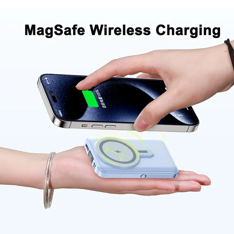 Banco de energía magnético de 22,5 W, cargador portátil inalámbrico de carga rápida con soporte de Cable, batería externa para IPhone Iwatch Magsafe