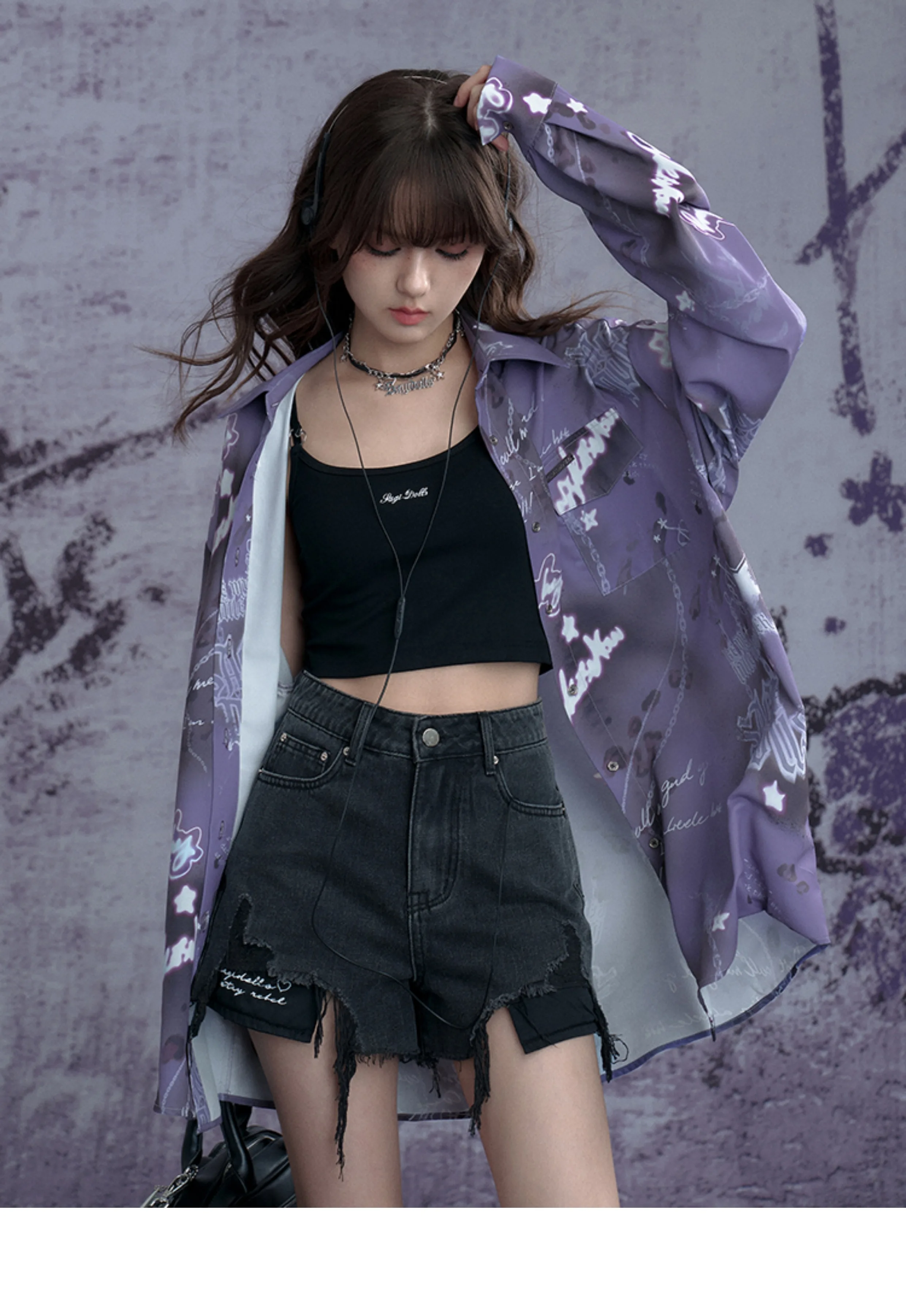 Sweet Cool Print Music Festival Summer Long Sleeve Turn-down Collar Sunscreen Top Handsome Girl Purple Loose Street Style Shirt