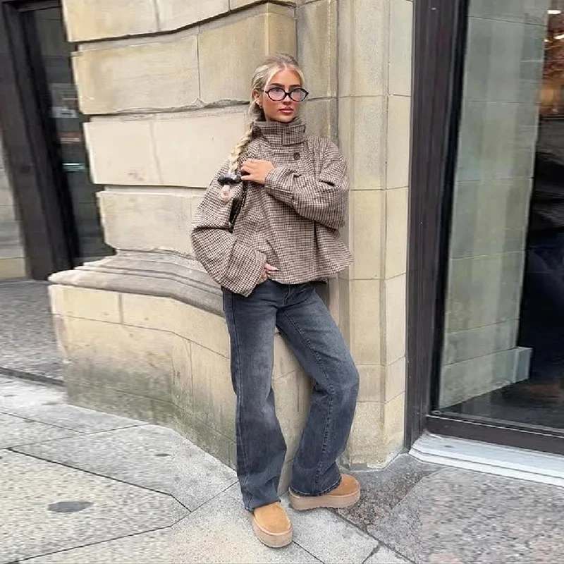 

Модная повседневная укороченная куртка в клетку для женщин, с длинным рукавом, на молнии, со воротником-стойкой, свободного кроя, осенне-зимняя, 2026, в уличном стиле