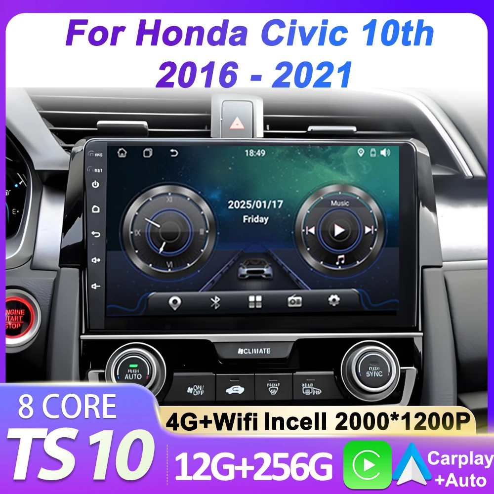

Stereo Head Unit For Honda Civic 10th 2016 2017 2018 2019-2021 Carplay Android auto GPS Navigation Bluetooth RDS No 2din DVD