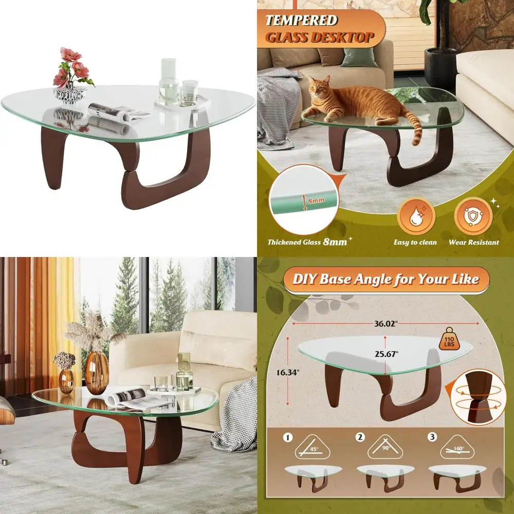 Mid Century Modern Small Glass Coffee Table with Wooden Legs, 36 Triangle Living Room Furniture, Contemporary Center Table