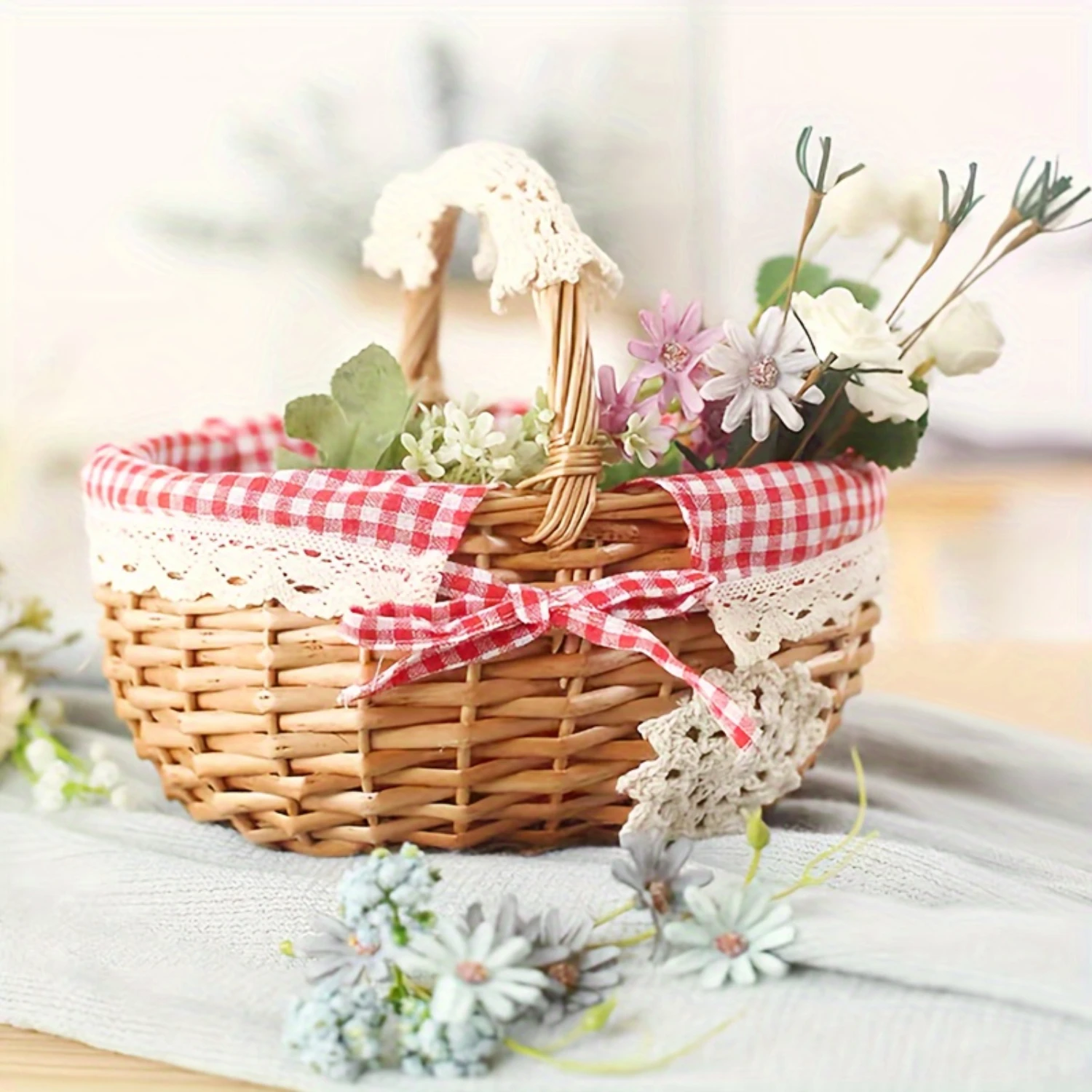 1 x rustikaler Rattan-Korb, gewebter Picknickkorb aus Weidengeflecht mit Stofffutter, großer Korb im Landhausstil, Mehrzweck-Obstkorb