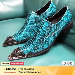 Luxury Customized Genuine Leather Mens Flats with Blue Snake Pattern Metal Head Design for Dressing And Party Shoes