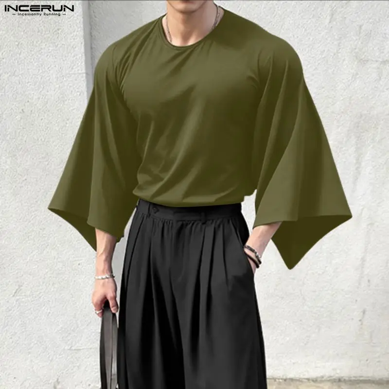 INCERUN Men T Shirt Solid Color O-neck 3/4 Sleeve Casual Male Tee Tops Streetwear Loose Korean Style Fashion Men Clothing S-5XL