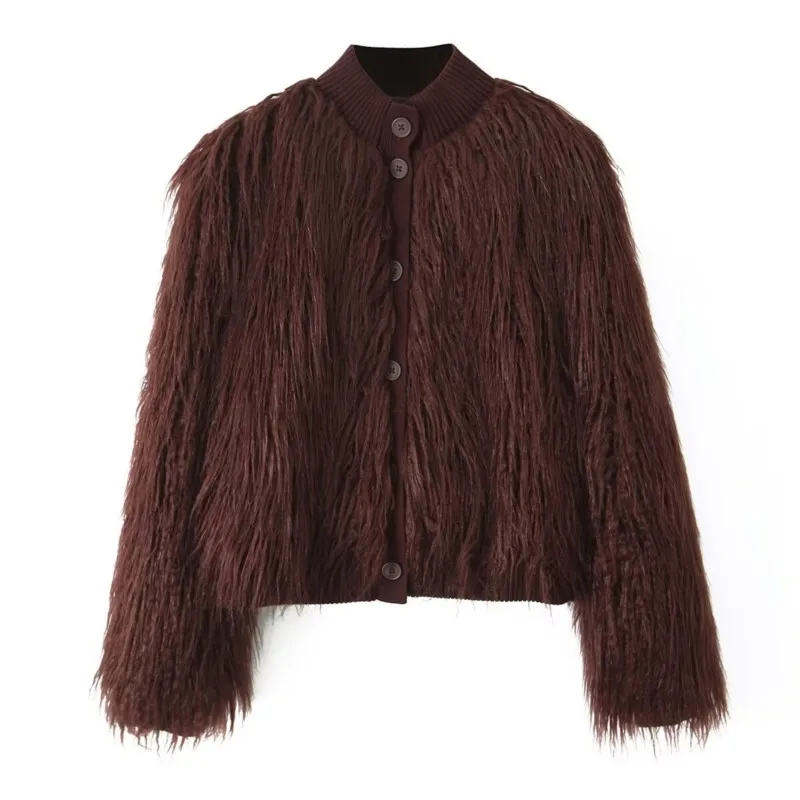 

Women Faux Fur Jacket with Tassel Autumn O Neck Long Sleeve Button Elastic Women's Coats Fashion Female Tops