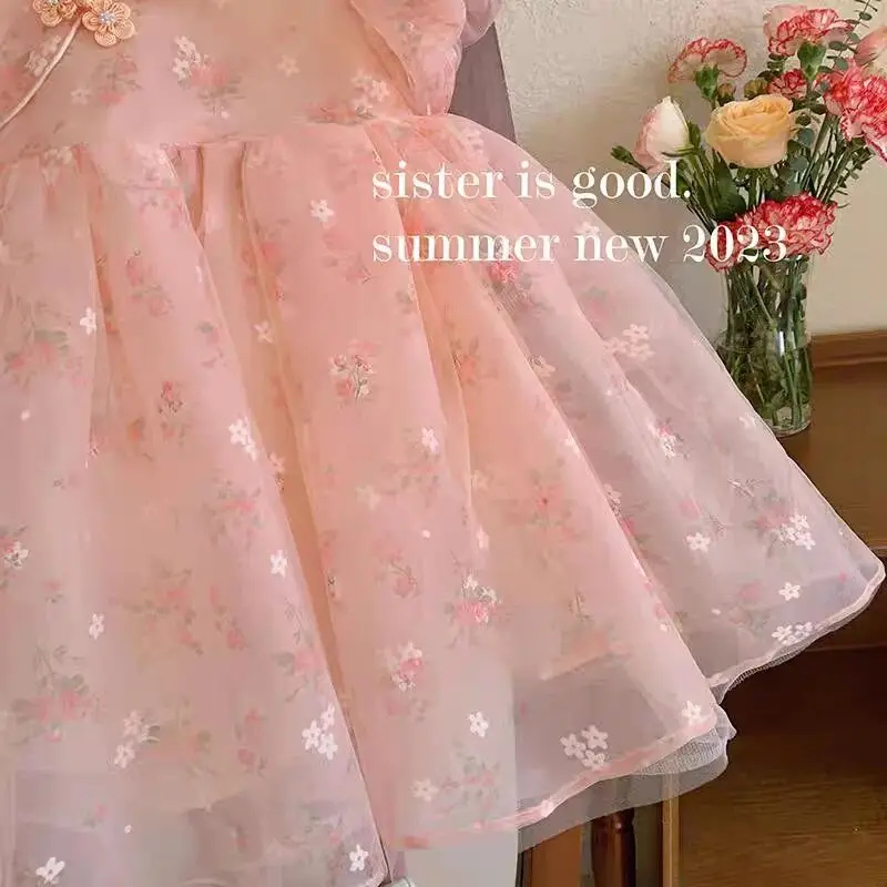 Vestido de manga curta para meninas, novo vestido floral rosa infantil da moda, estilo chinês, cheongsam, vestido inchado