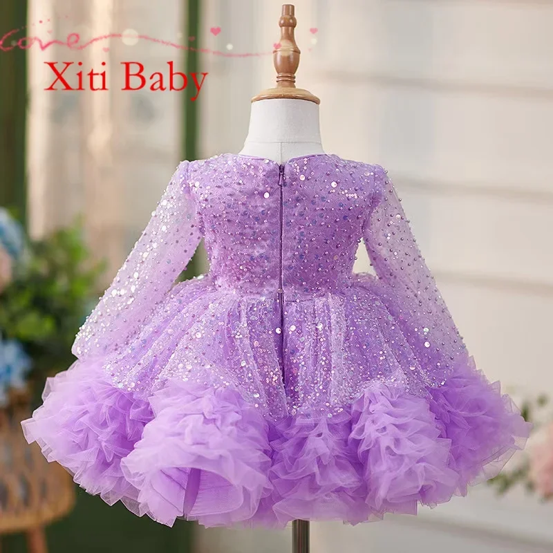 Luxury Child Girl Wedding Dress Bow Purple Party Dresses Beads Tiered Tulle Sleeves Puffy Flower Girl Dresses For Weddings