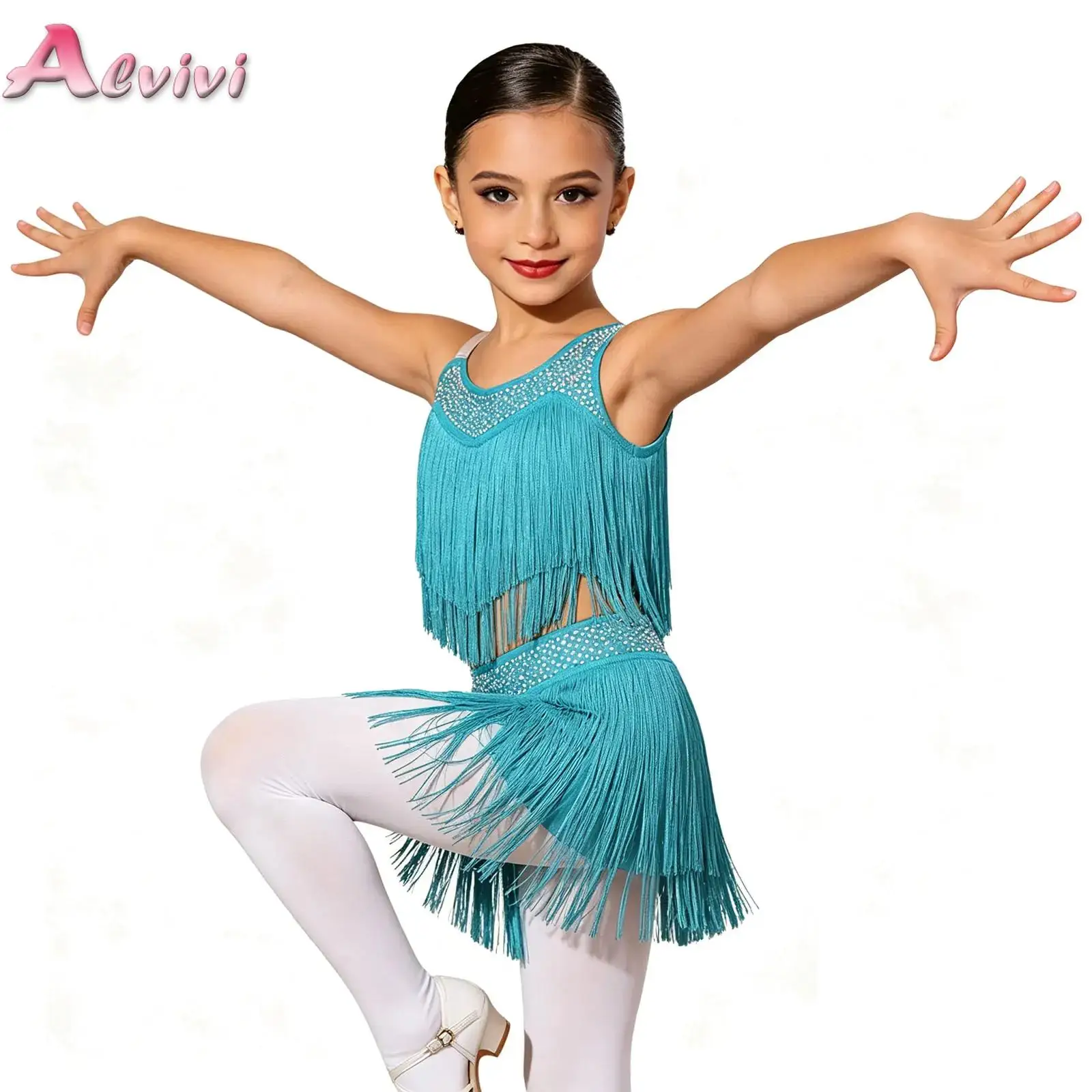 

Kids Girls Tassel Latin Dance Dress Shiny Rhinestones Cutout Asymmetrical Fringe Dress for Rumba Cha-Cha Performance Competition