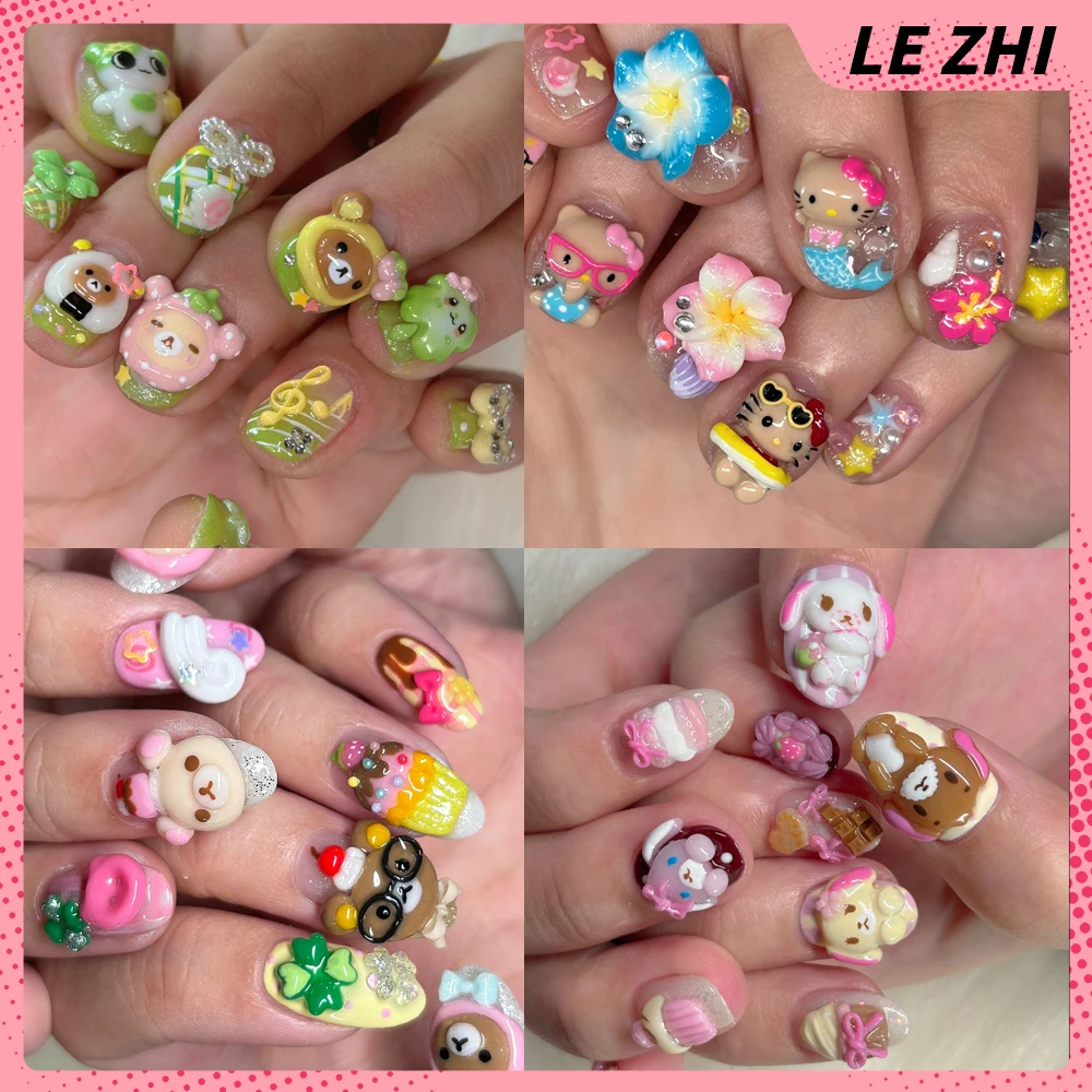 

Kawaii Cartoon Rilakkuma Sanrio Black Skin Hellokitty Press On Nail Strawberry Lace Almond Handmade Four-Leaf Clover False Nail