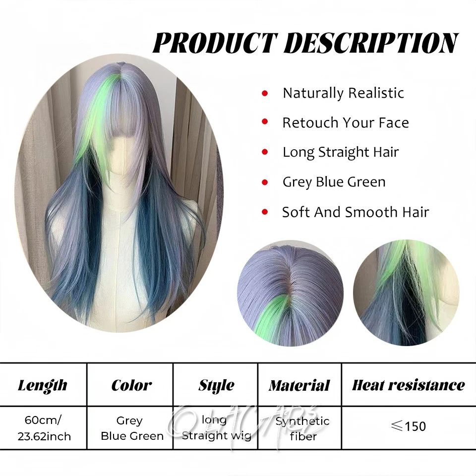 Grey with Blue Highlight Long Straight Synthetic Wigs with Bangs Cosplay Hairs Wig for Women Daily Natural Heat Resistant