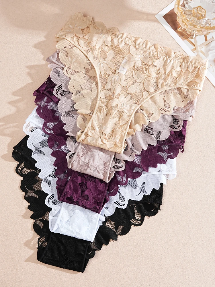 FINETOO 2 pièces femmes Satin sous-vêtements en dentelle florale Sexy évider culotte solide taille basse Perspective slips filles Lingerie douce