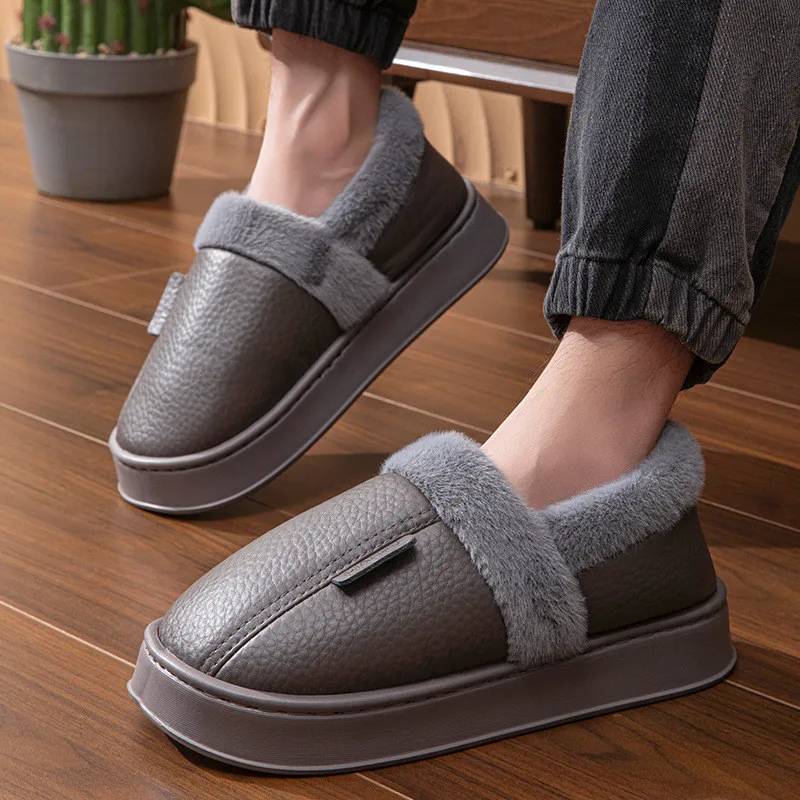 Big Size Men Winter Slippers Home Warm Shoes Platform Slides Waterproof PU Leather Couples Outdoor Non-Slip Furry Plush Flats