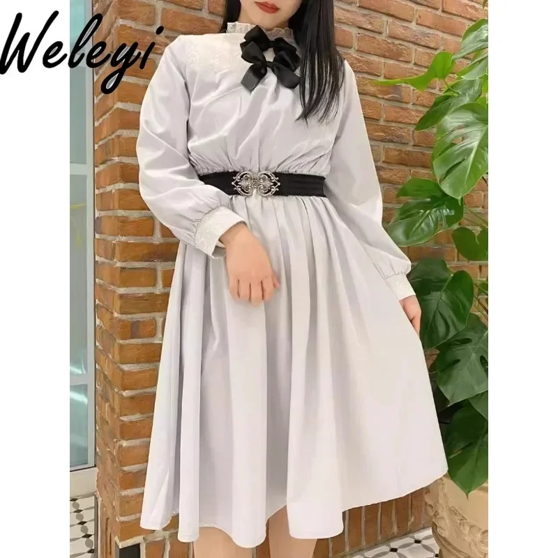 Lolita Sweet Bow Lace Dresses Japanese Women's Spring and Autumn Retro Tea Party Long Sleeved Ladies Elegant Princess Long Dress