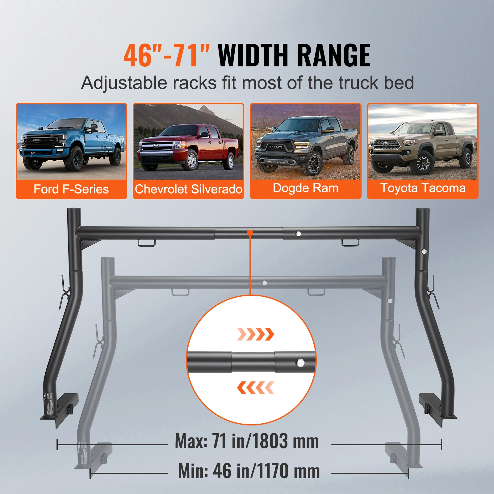 VEVOR Truck Rack 46-71in Extendable Truck Ladder Rack 800lbs Capacity Steel Ladder Rack for for Kayak Surfboard Lumber Ladder