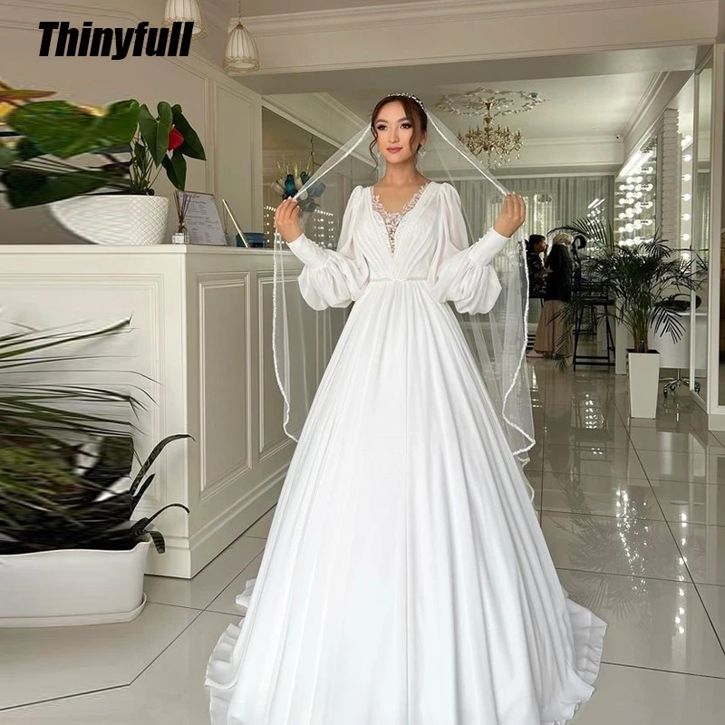 

Thinyfull A-line Chiffon Wedding Dress Long Sleeves V-neck Wedding Dress Floor-length 2024 Bridal Gown Robes De Soirée