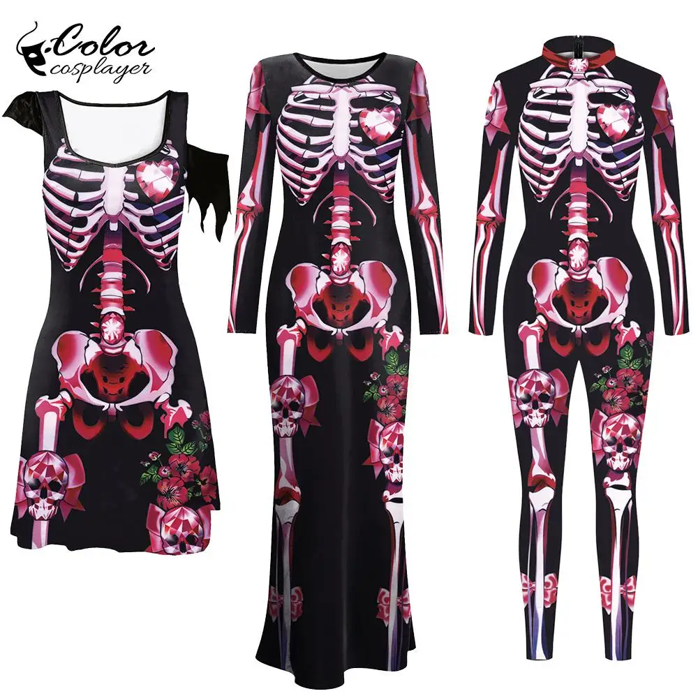 Color Cosplayer Romantic Skeleton Gown Halloween Cospaly Costume Day of The Dead Robe Pink Skull Dress Carnival Party Outfit view 6