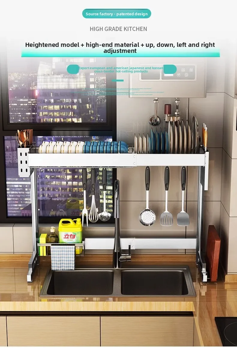 Raised and retractable kitchen sink rack, lengthened bowl rack, dish drain rack, sink, dish storage rack.