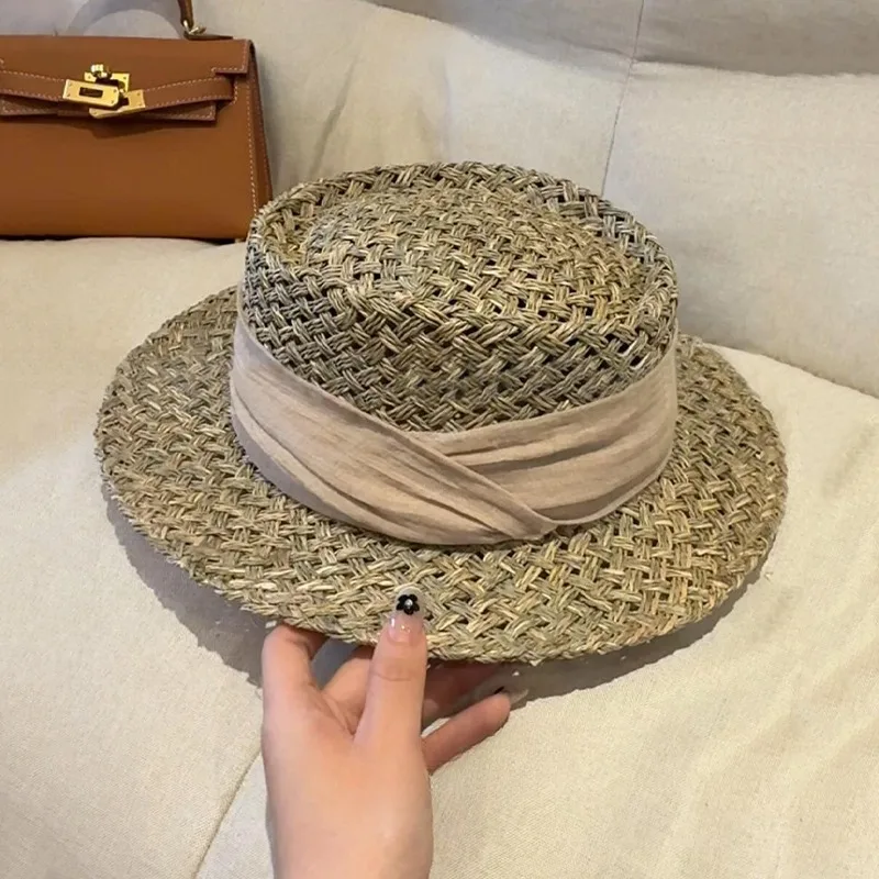 

Custom. High-end! Old Money Feel Summer Saltwater Straw Woven Linen Ribbon Hat Women Vacation Flat Top Straw Hat Light Luxur