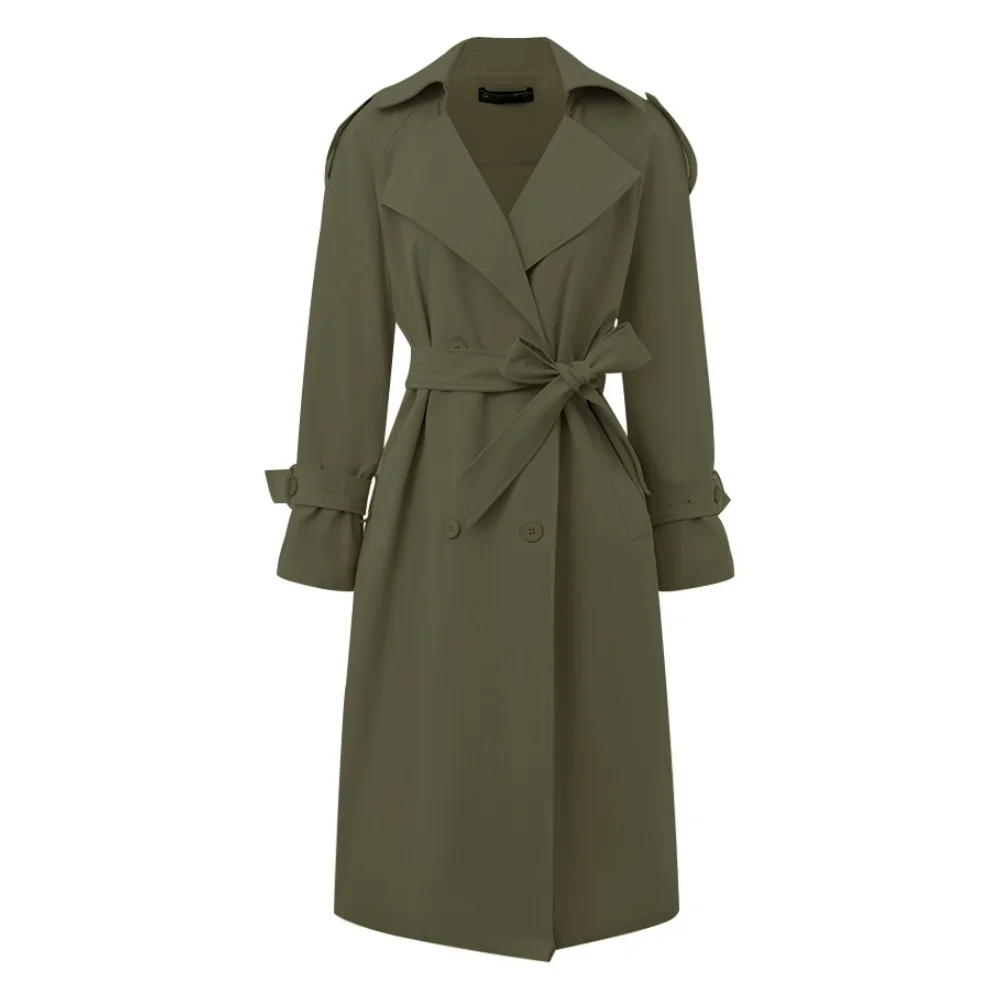 2024 Autumn Women\'s Polo collar Mid-length Jacket Buttons Lace-up Casual Stylish Trench Coat Everyday Commuter Outerwear